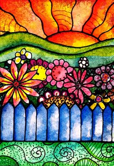 a painting of flowers on a fence with the sun in the sky behind it and water below