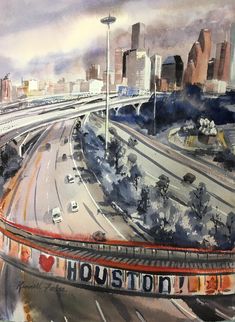 this is an image of a painting of a highway in houston, texas with cars driving on it