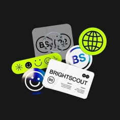 various badges and stickers with the words brights scout on them, including smiley faces