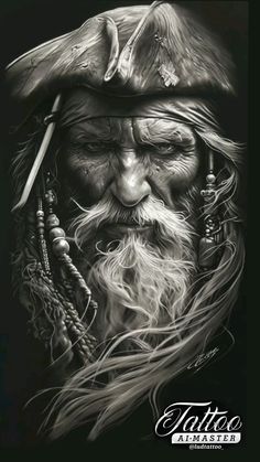 a drawing of an old man with long hair and beard wearing a pirate's hat