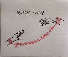 a piece of paper with writing on it and two hands reaching towards each other in red ink