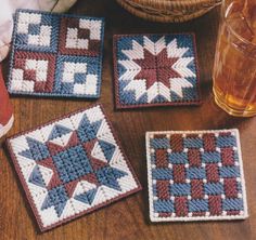 "Make a set of patriotic coasters out of 7-mesh plastic canvas and worsted weight yarn! Measures approximately 3.5\" x 3.5\" each THIS IS A DIGITAL PATTERN ALL PATTERNS ARE IN ENGLISH" Plastic Mesh Placemats, Plastic Canvas Crafts Patterns Free Coasters, Plastic Canvas Crafts Coasters Free Pattern, Coaster Plastic Canvas Free Pattern, Patchwork Coasters, Coaster Patterns, Crocheted Coasters, Plastic Canvas Coasters, Plastic Canvas Stitches