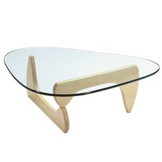 a glass and wood coffee table with an angled wooden frame on the bottom, against a white background