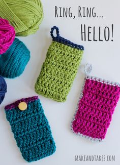 three crocheted items are sitting next to each other with the words ring, ring hello