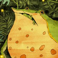 a painting of a frog sitting on top of a leaf covered ground with fireflies in the background