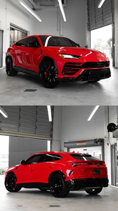 two different views of a red sports car in a garage, one showing the front and side