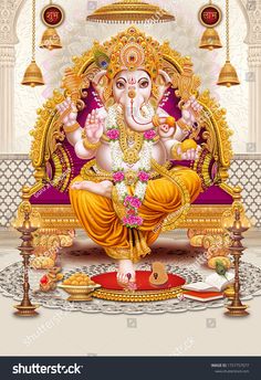 lord ganesha sitting on the throne with his hands up in front of him