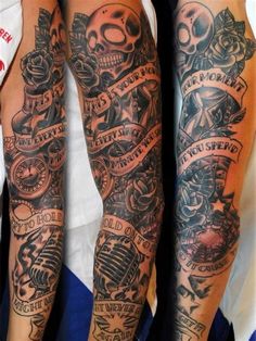 two men with tattoos on their arms, one has a skull and the other has a motorcycle