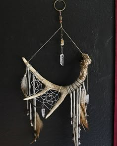 an animal's skull hanging on the wall with feathers and beads attached to it