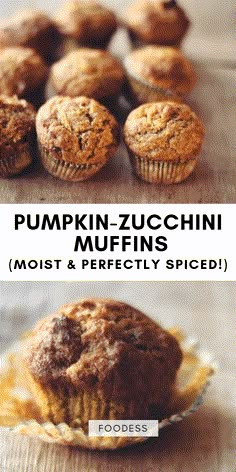 pumpkin zucchini muffins with text overlay that reads, moist and perfectly spiced