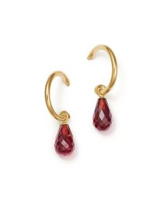 Understated with a hint of color, these exclusive hoop earrings feature dangling garnet briolettes. Only at Bloomingdale's. Hoop Drop Earrings, Exclusive Jewelry, Brilliant Diamond, Diamond Earrings Studs, Diamond Studs, Black Diamond, Semiprecious Stones, Garnet, Gold Metal