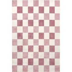 a pink and white rug with checkered squares on the front, in various colors