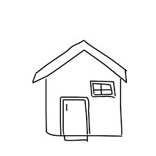 a drawing of a house with two windows and a door on the outside, in black and white