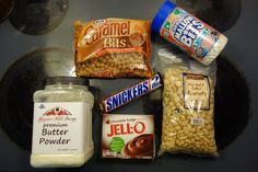 the ingredients to make peanut butter pudding are shown here