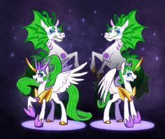 two green and white ponies standing next to each other in front of a purple background