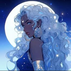 a woman with long white hair standing in front of a moon and stars filled sky