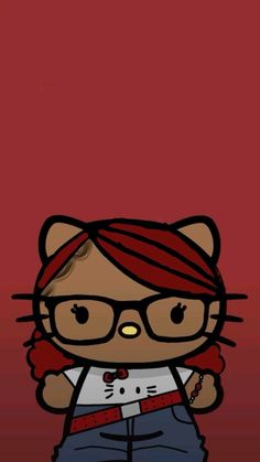 a cartoon cat with glasses and a red scarf around it's neck, standing in front of a red wall