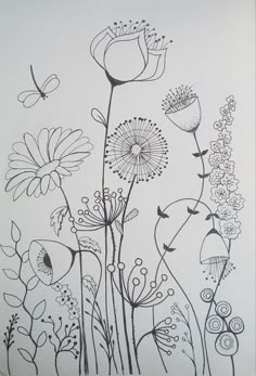 an ink drawing of flowers and butterflies