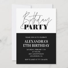 a black and white birthday party card with the words,'birthday party'on it