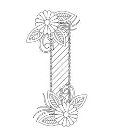 the letter i with flowers and leaves on it is outlined in black and white ink