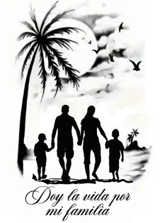 a family walking on the beach with palm trees and birds in the sky behind them