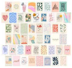 a collage of many different cards with flowers and hearts on them, all in pastel colors