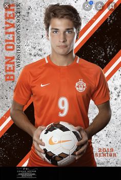 a young man holding a soccer ball in front of a grungy background with the number 9 on it