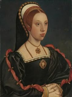 an old painting of a woman in black and red dress with her hands on her chest