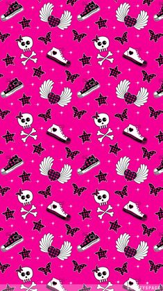 a pink background with black and white skulls, hats, and bow ties on it