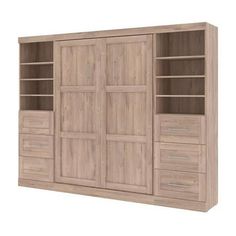 a large wooden cabinet with drawers and doors on the bottom shelf, in front of a white background