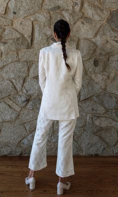 SILK BROCADE BRIDAL SUIT JACKET AND PANTS. IVORY SATIN LINER. PANT CAN BE ORDERED CROPPED OR FULL LENGTH. *POCKET SQUARE, VEST, NECK TIE, OR ASCOT ALL AVAILABLE TO ORDER SEPARATELY. DOS PIECES SIMILAR TO THIS BRIDAL PANT SUIT: IF YOU’RE LOOKING FOR A FLORAL JACQUARD BRIDAL SUIT CHECK OUT OUR "MARGAUX" SUIT BY CLICKING ON THE LINK ASSOCIATED. White Silk Blazer For Wedding, Chic Silk Blazer For Wedding, White Silk Wedding Blazer, Elegant Silk Wedding Pants, Silk Single-breasted Blazer For Wedding, Elegant Cream Pantsuit For Formal Occasions, White Fitted Silk Suit, Fitted White Silk Suits, Elegant Long Sleeve Three-piece Suit For Spring