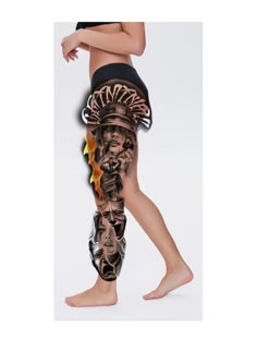 a woman's legs with tattoos and leggings in the shape of people on fire