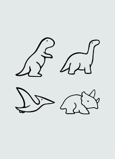 four different types of dinosaurs in black and white