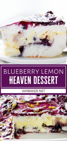 blueberry lemon heaven dessert on a white plate with the title overlay above it