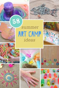 summer art camp ideas for kids to do in the sand and water, including rocks