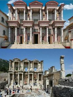 two pictures with people standing in front of an old building