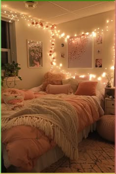 a bedroom with lights strung above the bed