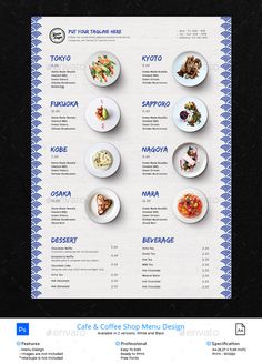 a menu with different types of food and drinks on the front, in blue and white colors