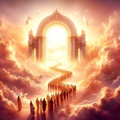 a group of people standing in front of an arch surrounded by clouds with angels flying above