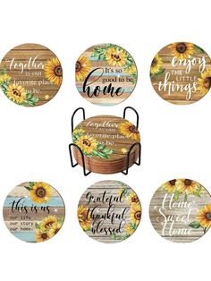 six sunflowers painted on wooden coasters with the words, i love you to be