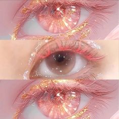 two different views of an eye with pink and gold glitters on the iris lens