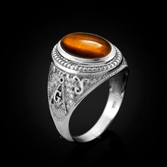 Sterling Silver Masonic Ring with Tiger Eye Gemstone Hindu Jewelry, Silver Celtic Rings, Mantra Ring