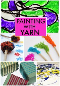 various pictures with the words painting with yarn on them and images of different colored paintbrushes