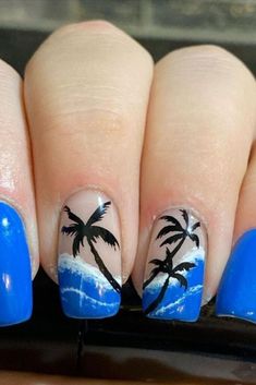 Palm Trees Nail Art, Nail Designs With Palm Trees, Plam Tree Nail Art, Palm Tree Nail Designs Beach, Beachy Nail Designs, Bright Nails With Palm Trees, Tropical Nail Designs, Cruise Nails, Beachy Nails