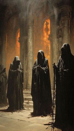 three men in black robes stand at the end of a dark, gothic - styled hall