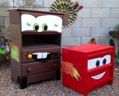 two children's dressers made to look like cars and lightning from the movie cars