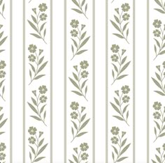 a white and green striped wallpaper with flowers