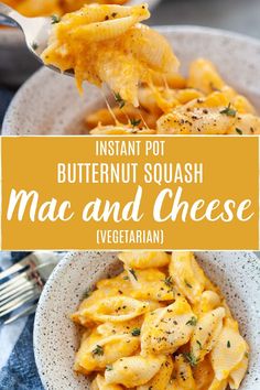 instant pot butternut squash mac and cheese recipe in a white bowl with a spoon