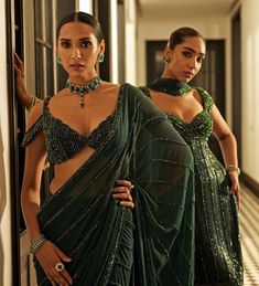 Green Crystal Linear Embroidered Georgette Saree Vvani By Vani Vats - Fabilicious Fashion Linear Embroidery, Shoulder Tassels, Indo Western Saree, Vani Vats, Green Sari, Jewel Encrusted, Vacuum Storage, Indian Wedding Wear, Green Saree