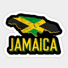 jamaica sticker with the map and flag in black, green, yellow and white